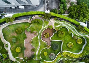 View from above aerial shot of the beautiful green garden in the city.